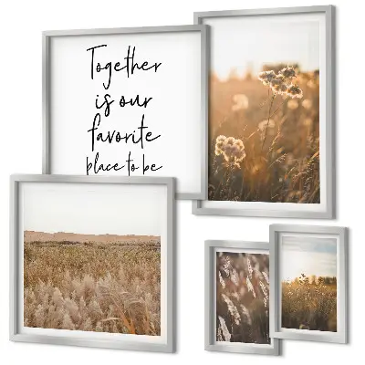 Modernes Wandbilder-Set mit Naturlandschaften, Blumen und Sprüchen
