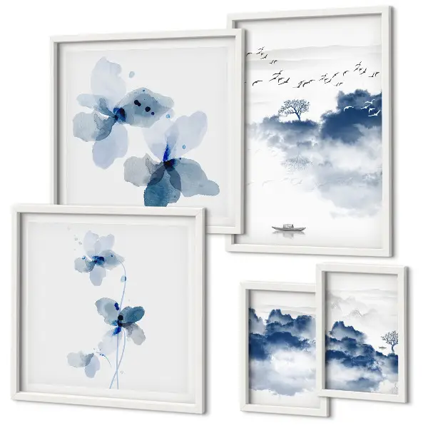 Modernes Wandbilder-Set mit Motiven von Landschaften, Blumen, Wasser und Frieden