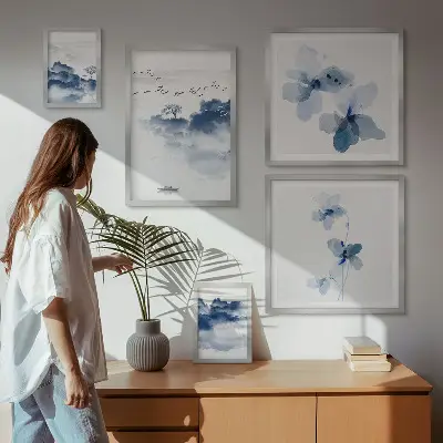 Modernes Wandbilder-Set mit Motiven von Landschaften, Blumen, Wasser und Frieden