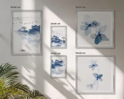 Modernes Wandbilder-Set mit Motiven von Landschaften, Blumen, Wasser und Frieden