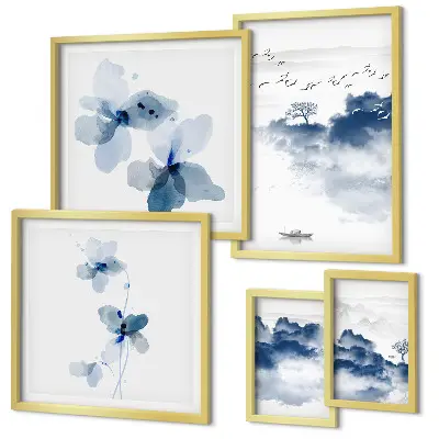 Modernes Wandbilder-Set mit Motiven von Landschaften, Blumen, Wasser und Frieden