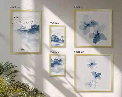 Modernes Wandbilder-Set mit Motiven von Landschaften, Blumen, Wasser und Frieden