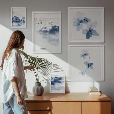 Modernes Wandbilder-Set mit Motiven von Landschaften, Blumen, Wasser und Frieden