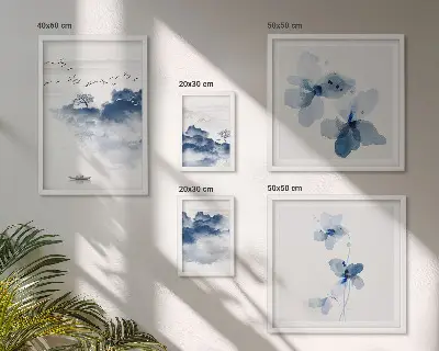 Modernes Wandbilder-Set mit Motiven von Landschaften, Blumen, Wasser und Frieden