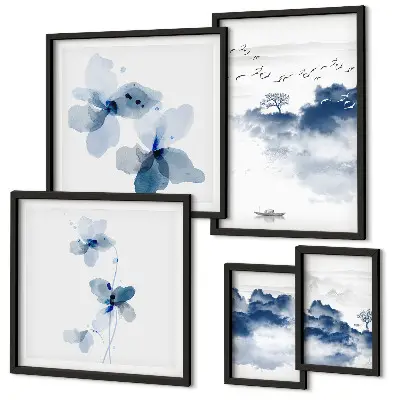 Modernes Wandbilder-Set mit Motiven von Landschaften, Blumen, Wasser und Frieden