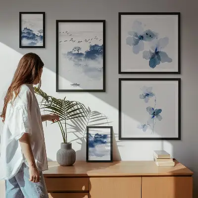 Modernes Wandbilder-Set mit Motiven von Landschaften, Blumen, Wasser und Frieden