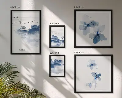 Modernes Wandbilder-Set mit Motiven von Landschaften, Blumen, Wasser und Frieden