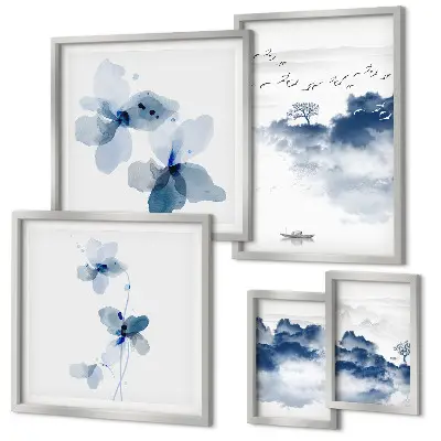 Modernes Wandbilder-Set mit Motiven von Landschaften, Blumen, Wasser und Frieden