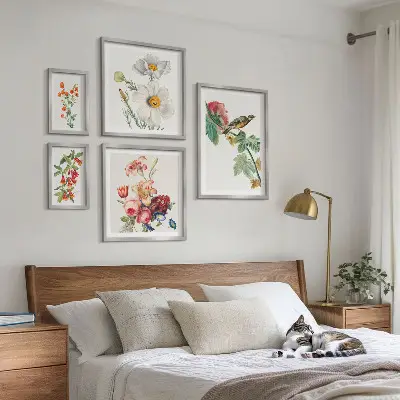 Bildergalerie-Set für die Wand mit Blumen- und Vogelmotiven im Vintage-Stil