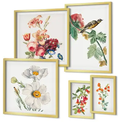Bildergalerie-Set für die Wand mit Blumen- und Vogelmotiven im Vintage-Stil