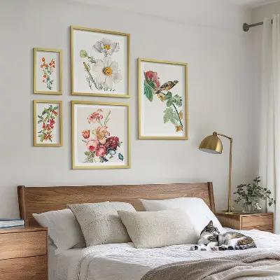 Bildergalerie-Set für die Wand mit Blumen- und Vogelmotiven im Vintage-Stil