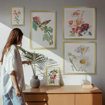 Bildergalerie-Set für die Wand mit Blumen- und Vogelmotiven im Vintage-Stil