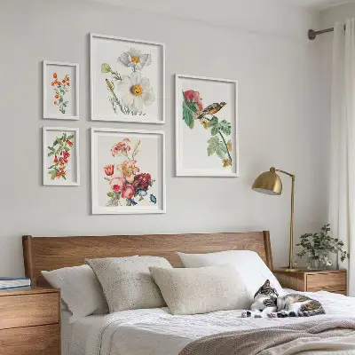 Bildergalerie-Set für die Wand mit Blumen- und Vogelmotiven im Vintage-Stil