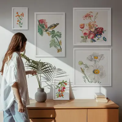 Bildergalerie-Set für die Wand mit Blumen- und Vogelmotiven im Vintage-Stil