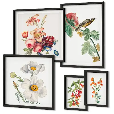 Bildergalerie-Set für die Wand mit Blumen- und Vogelmotiven im Vintage-Stil
