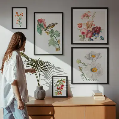 Bildergalerie-Set für die Wand mit Blumen- und Vogelmotiven im Vintage-Stil