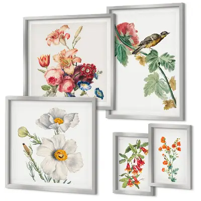 Bildergalerie-Set für die Wand mit Blumen- und Vogelmotiven im Vintage-Stil