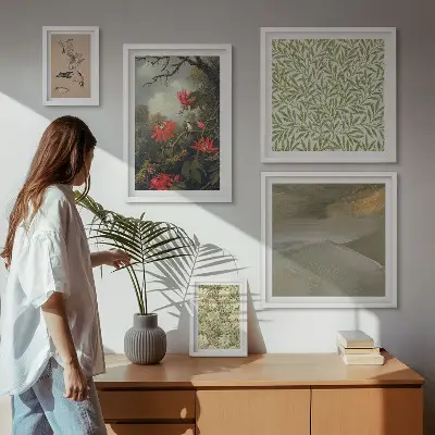 Modernes Wandbilder-Set mit Blumen, Vögeln und Naturmotiven