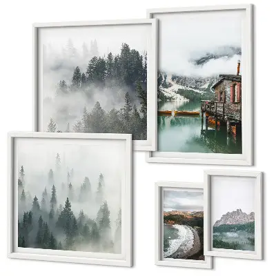 Modernes Wandbilder-Set mit Berglandschaften, Hütten und Wasser
