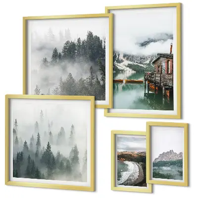 Modernes Wandbilder-Set mit Berglandschaften, Hütten und Wasser