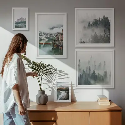 Modernes Wandbilder-Set mit Berglandschaften, Hütten und Wasser