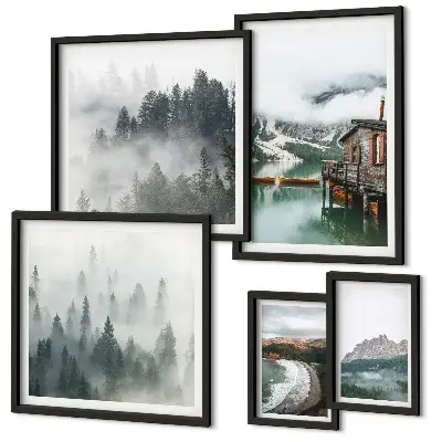 Modernes Wandbilder-Set mit Berglandschaften, Hütten und Wasser