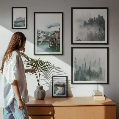 Modernes Wandbilder-Set mit Berglandschaften, Hütten und Wasser