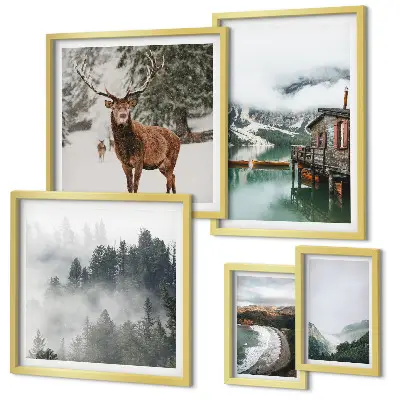 Modernes Wandbilder-Set mit Motiven aus Natur, Tierwelt und Bergen
