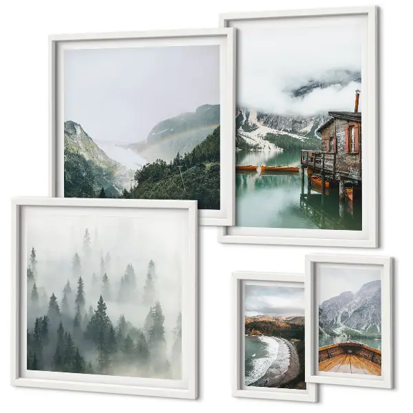 Bildergalerie-Set für die Wand mit Motiven von Berglandschaften, Häusern und Wasser