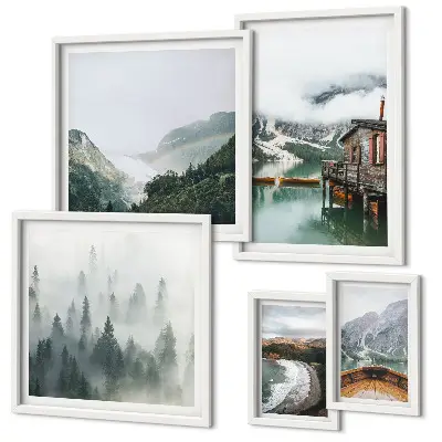 Bildergalerie-Set für die Wand mit Motiven von Berglandschaften, Häusern und Wasser