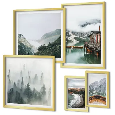 Bildergalerie-Set für die Wand mit Motiven von Berglandschaften, Häusern und Wasser