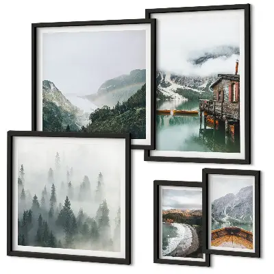 Bildergalerie-Set für die Wand mit Motiven von Berglandschaften, Häusern und Wasser