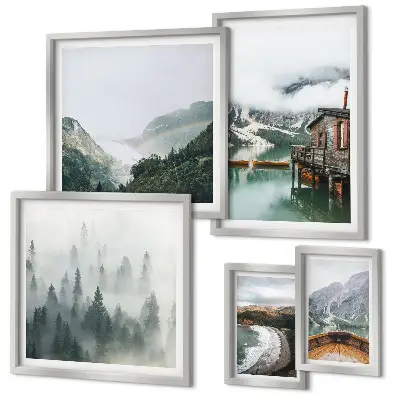 Bildergalerie-Set für die Wand mit Motiven von Berglandschaften, Häusern und Wasser