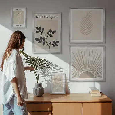Bilderset fürs Sofa mit stilvoller floraler und geometrischer Dekoration