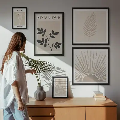 Bilderset fürs Sofa mit stilvoller floraler und geometrischer Dekoration