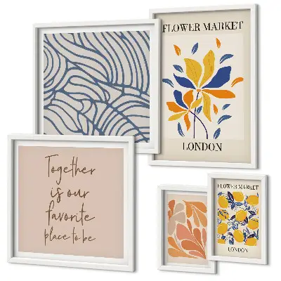 Bildergalerie-Set für die Wand mit Blumenmotiven und Londoner Inschriften