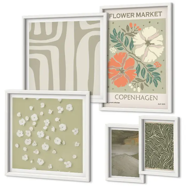 Modernes Wandbilder-Set mit Pflanzenmotiven und Boho-Mustern