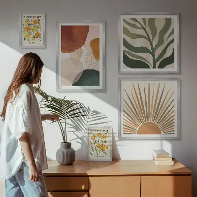 Modernes Wandbilder-Set mit stilvollen Pflanzengrafiken in Geometrie-Optik