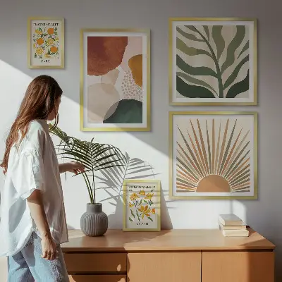 Modernes Wandbilder-Set mit stilvollen Pflanzengrafiken in Geometrie-Optik