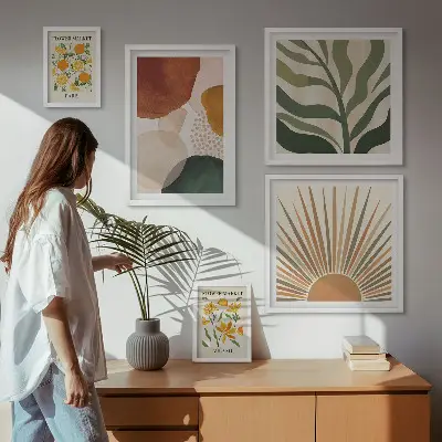 Modernes Wandbilder-Set mit stilvollen Pflanzengrafiken in Geometrie-Optik
