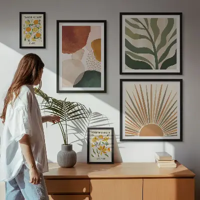Modernes Wandbilder-Set mit stilvollen Pflanzengrafiken in Geometrie-Optik