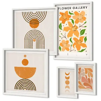 Modernes Wandbilder-Set mit stilvollen Blumen und geometrischen Motiven