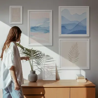 Bildergalerie-Set für die Wand mit abstrakten Landschaften und Blättern