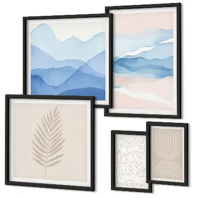 Bildergalerie-Set für die Wand mit abstrakten Landschaften und Blättern
