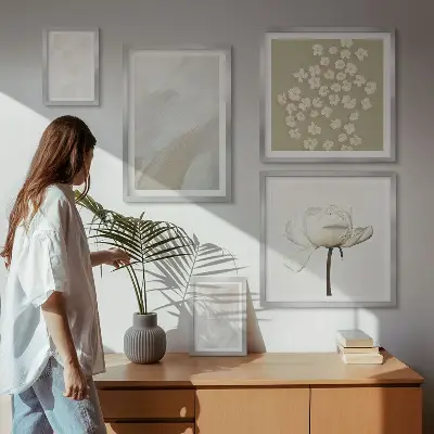 Bilderset für das Sofa mit modischen Boho-Texturen und Blumenmotiven