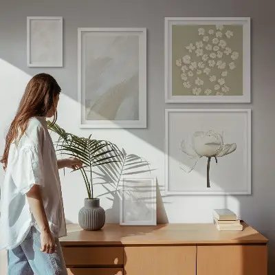 Bilderset für das Sofa mit modischen Boho-Texturen und Blumenmotiven