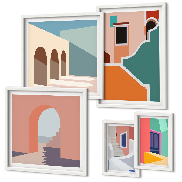 Modernes wandbilder-set Farbenfrohe Illustrationen von Gebäuden