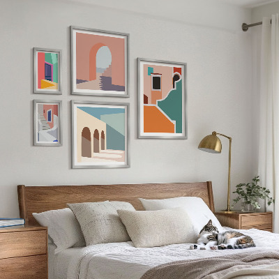 Modernes wandbilder-set Farbenfrohe Illustrationen von Gebäuden