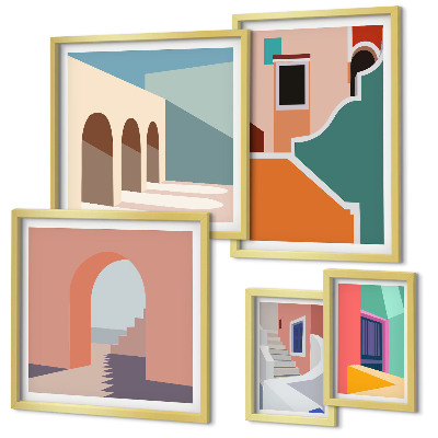 Modernes wandbilder-set Farbenfrohe Illustrationen von Gebäuden