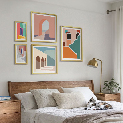 Modernes wandbilder-set Farbenfrohe Illustrationen von Gebäuden